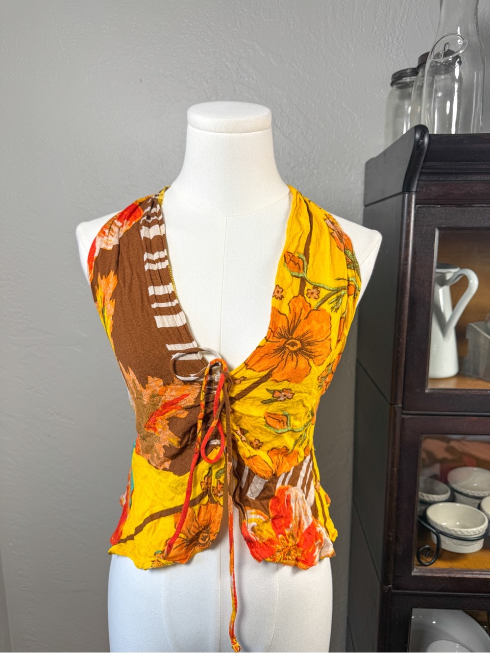 Free People Floral Halter Top Yellow Orange Boho Tie Front Tank Size S